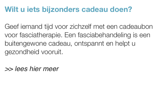 Wilt u iets bijzonders cadeau doen?

Geef iemand tijd voor zichzelf met een cadeaubon voor fasciatherapie. Een fasciabehandeling is een buitengewone cadeau, ontspannt en helpt u gezondheid vooruit.

>> lees hier meer

